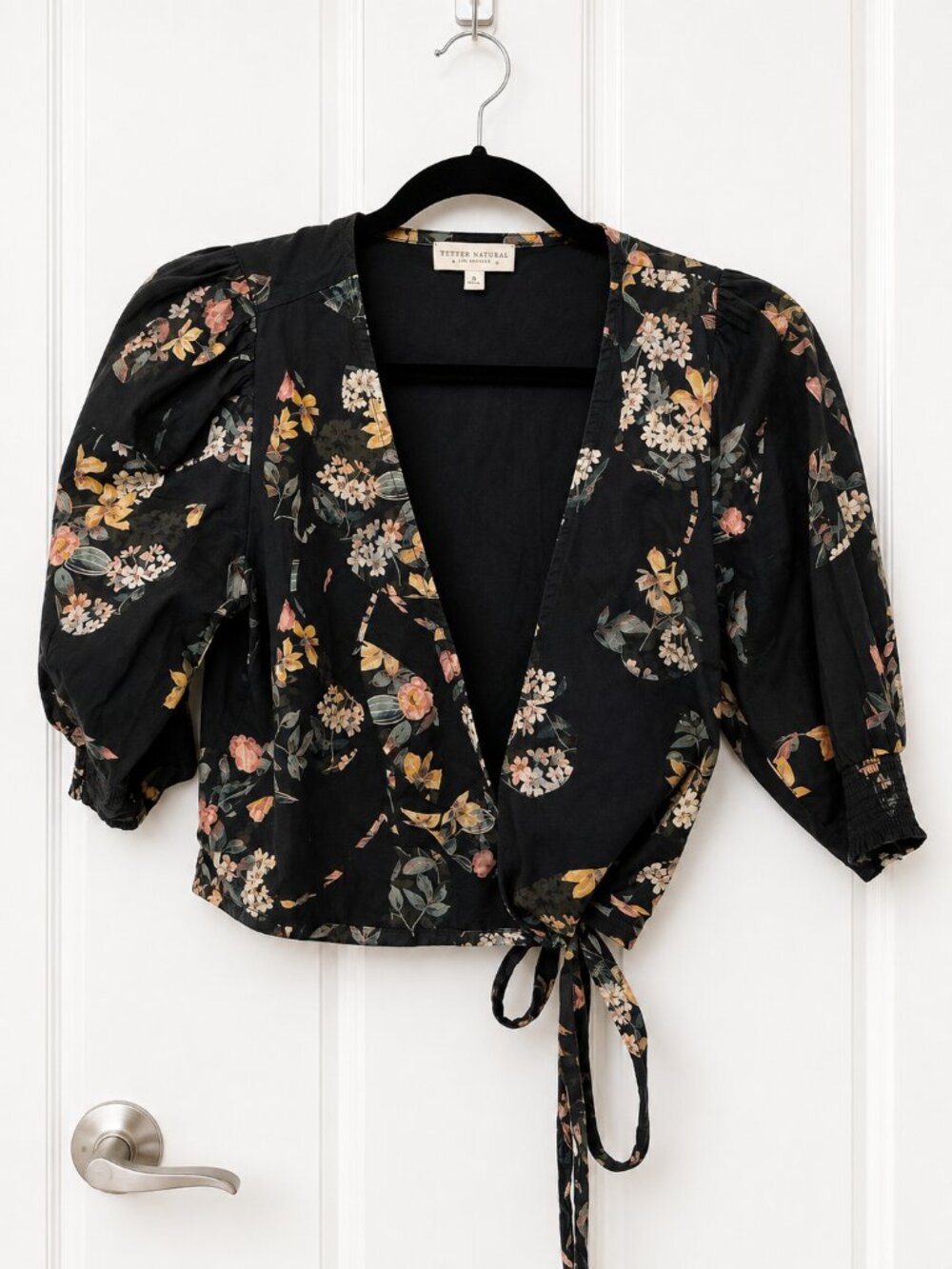 Super Natural Women’s S Black Floral Wrap Blouse Puff Sleeve Cottagecore